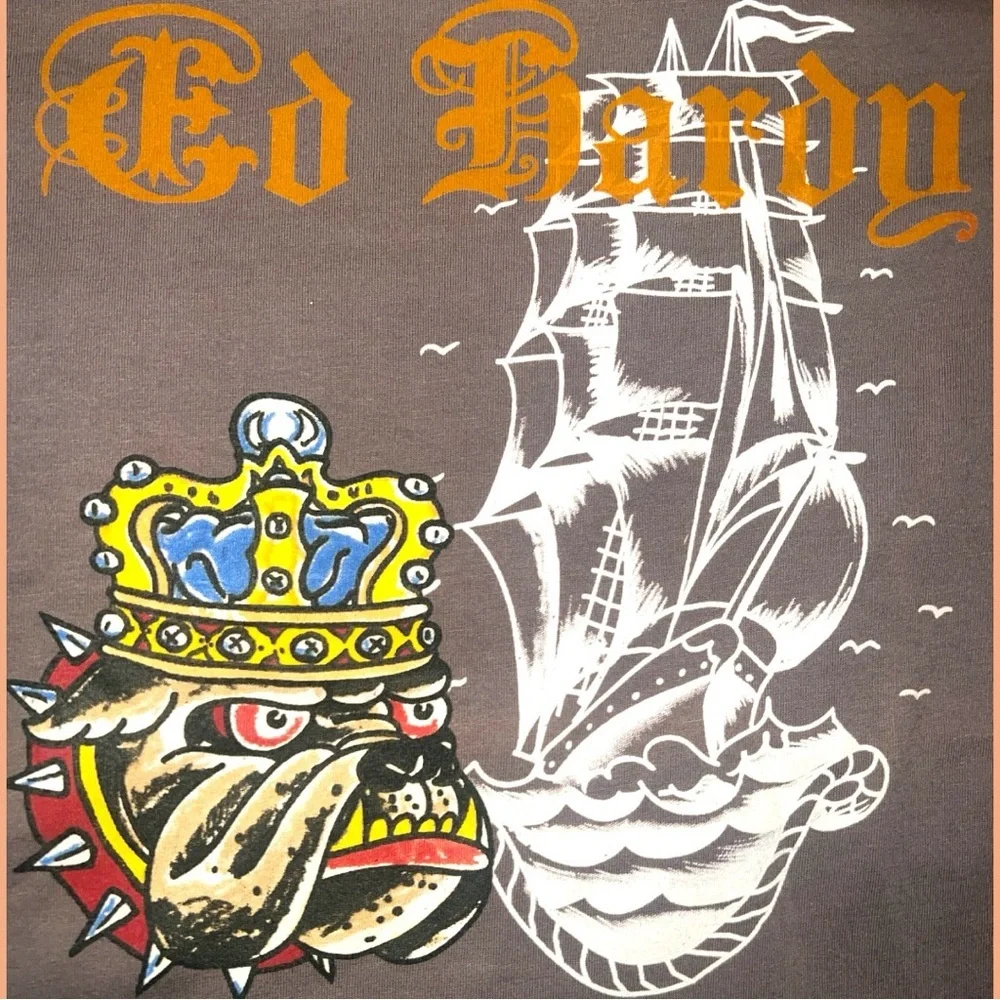 NEW Ed Hardy Kids Brown Long Sleeve Layered Look Bulldog‎ Ship Graphic Shirt  8